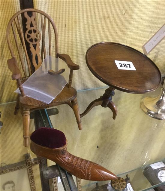 Miniature Windsor chair, similar tripod table and other treen